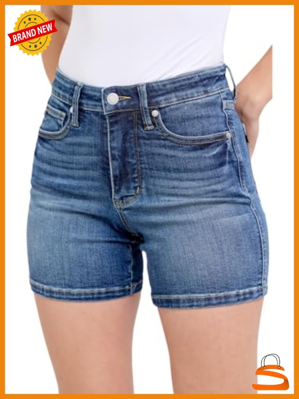 Mid Rise Tummy Control Jean Shorts Mid Length